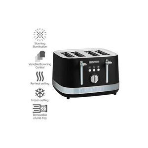 Morphy Richards Illumination 4 slice toaster in black with chrome handles, featuring stunning illumination, variable browning control, re-heat setting, frozen setting, and removable crumb tray, displayed against white background with feature icons