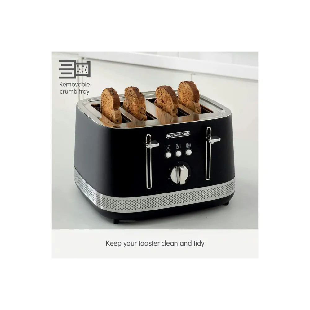 Morphy Richards Illumination 4 slice toaster in black with stainless steel accents, featuring four slices of toasted bread, removable crumb tray highlighted at top left, and control panel with browning dial and function buttons