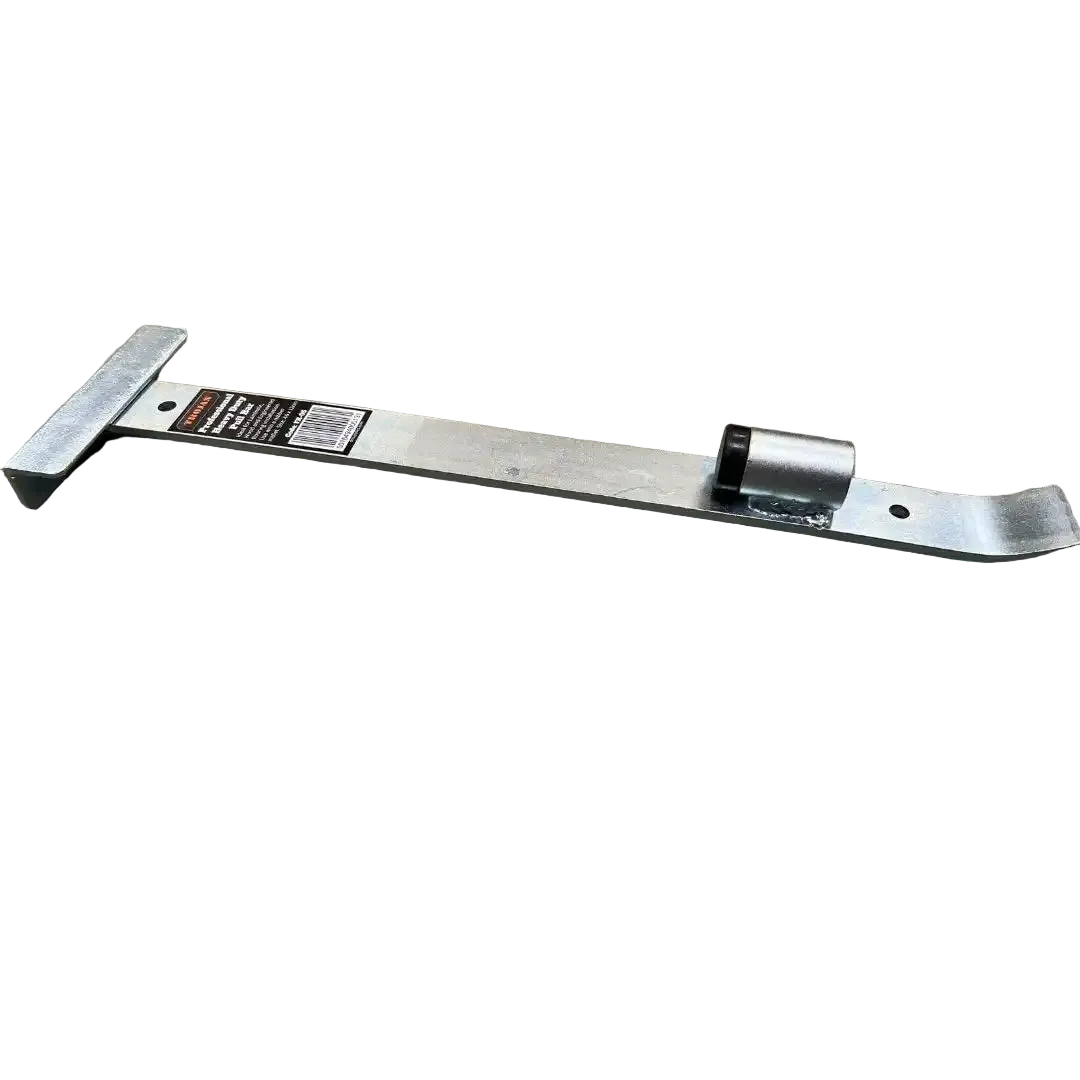 Trojan Flooring Pull Bar 46cm featuring galvanised steel flat bar with black rubber grip handle and label, used for removing floorboards and panels