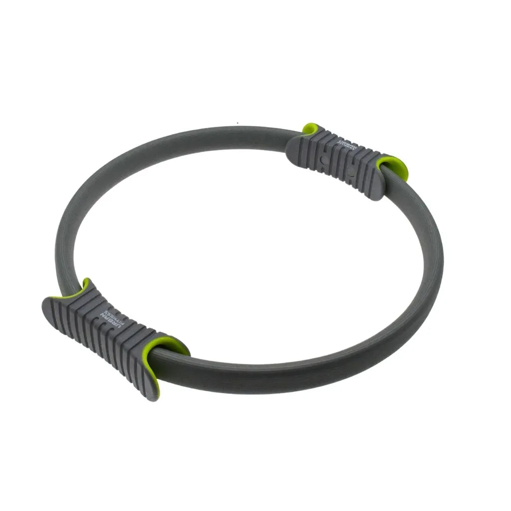 Urban Fitness 14 inch Pilates Ring in gray with lime green handles and grip pads, displayed against a white background