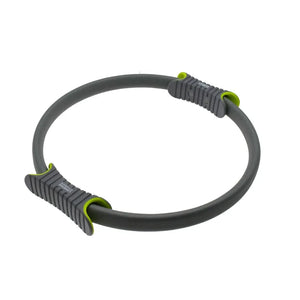 Urban Fitness 14 inch Pilates Ring in gray with lime green handles and grip pads, displayed against a white background