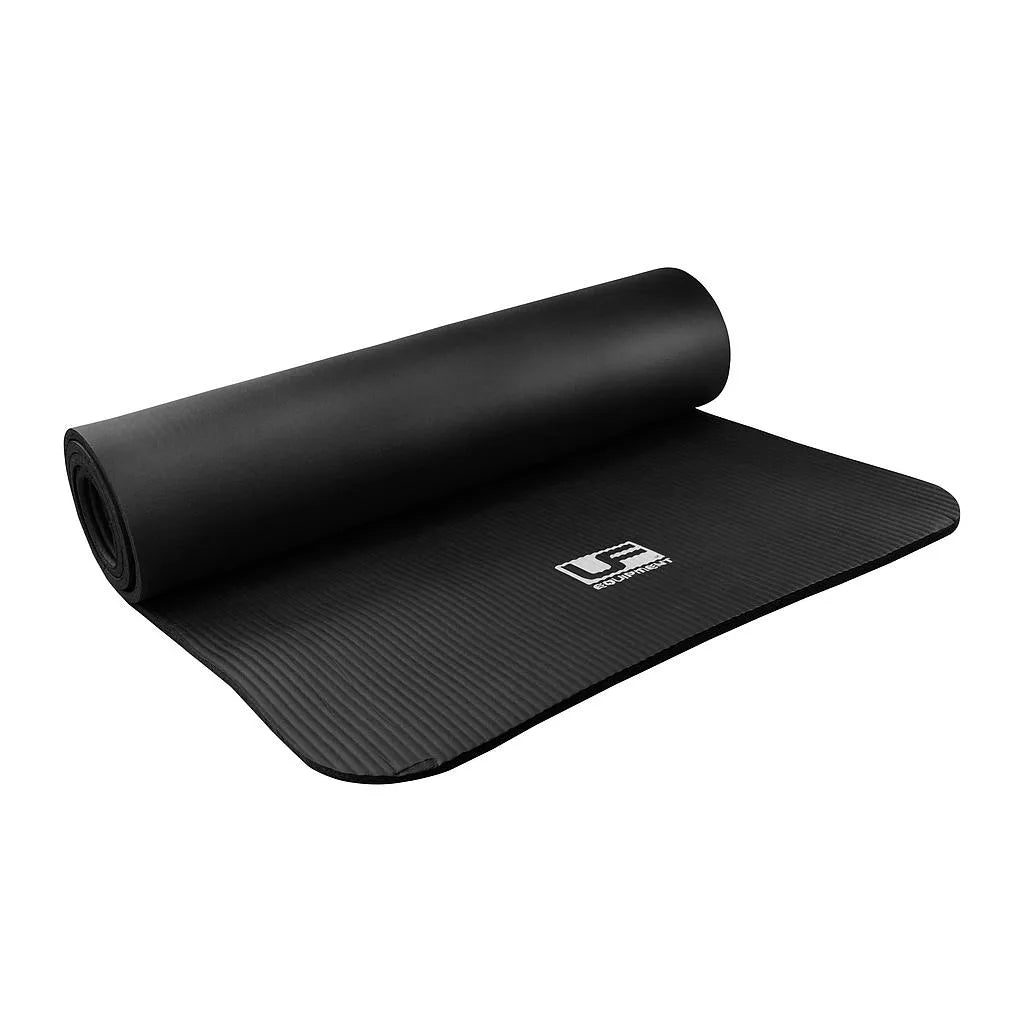 Black 10mm NBR foam fitness yoga pilates mat rolled and unrolled showing textured surface with Urban Fitness logo