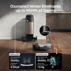 Eufy Omni S2 robotic vacuum and mop system in black and silver showing ozonated water disinfection capabilities, with product features highlighting 99.99% germ elimination rate, 5-day disinfection duration, and 1.5kg downward mopping pressure on wooden floor interior