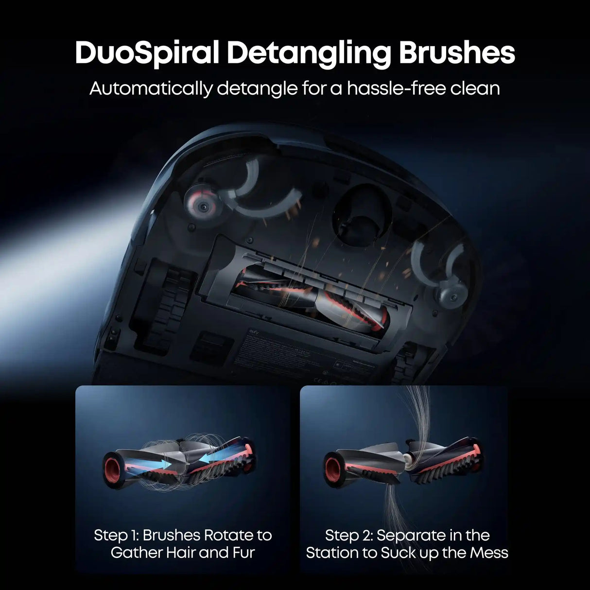 Eufy Omni S2 robot vacuum with DuoSpiral detangling brushes showing automatic hair removal system - black robotic vacuum with rotating brushes gathering hair and fur in step 1, then separating and suctioning debris in step 2