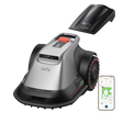 Eufy E18 robotic lawn mower with silver and black body, red accent trim, shown with black charging dock and smartphone app interface displaying lawn map and controls