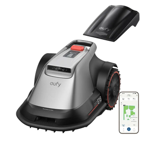 Eufy E18 robotic lawn mower with silver and black body, red accent trim, shown with black charging dock and smartphone app interface displaying lawn map and controls