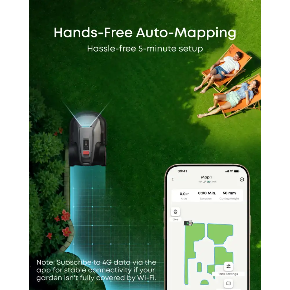 Eufy E18 robotic lawn mower product display showing hands-free auto-mapping feature with teal and black mower unit on green grass, mobile app interface displaying yard map, and two people relaxing on orange loungers in background