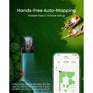 Eufy E18 robotic lawn mower product display showing hands-free auto-mapping feature with teal and black mower unit on green grass, mobile app interface displaying yard map, and two people relaxing on orange loungers in background