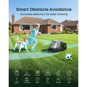 Eufy E18 robot lawn mower demonstrating smart obstacle avoidance on a striped green lawn with a child, dog, and soccer ball, showing detection capabilities for trunks, sprinklers, fences, fountains, pools, rocks, lights, loungers, balls, toys, people and pets in front of brick suburban homes