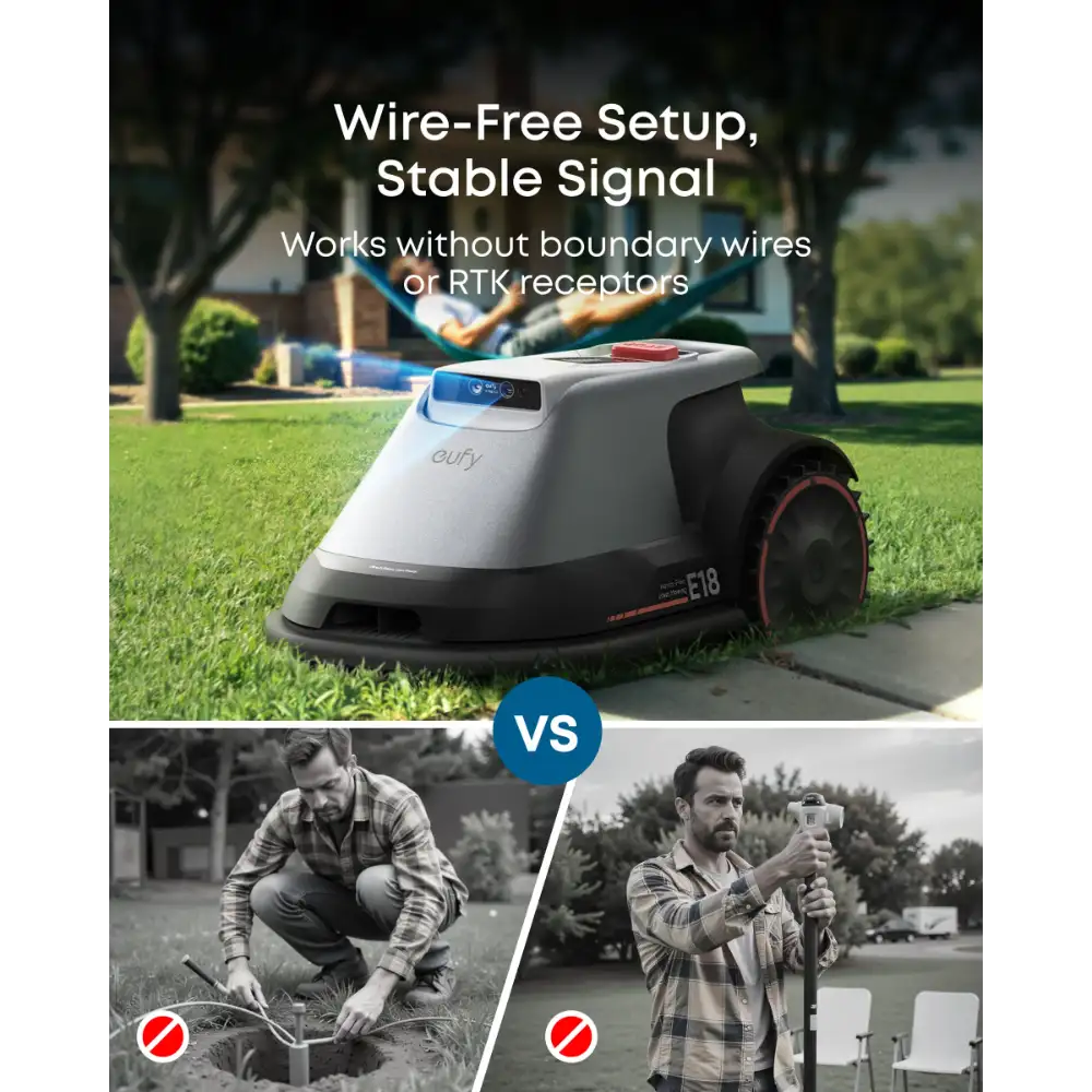 Eufy E18 robotic lawn mower with wire-free setup on green grass next to pathway, compared versus traditional boundary wire installation methods, white and black device with red accents shown in outdoor residential garden setting