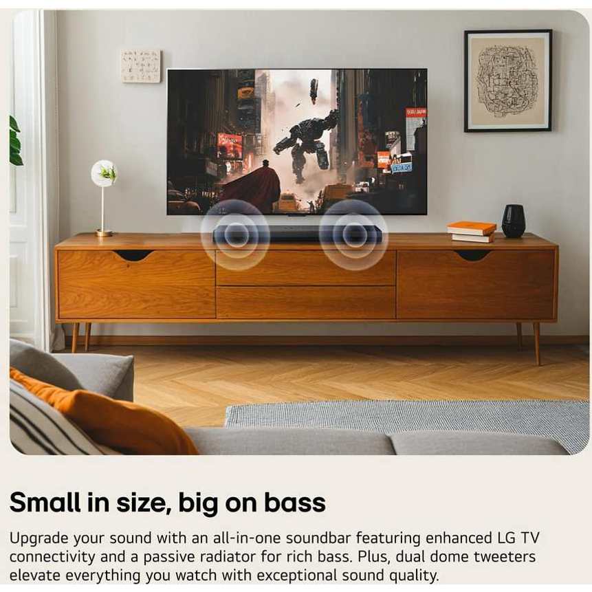 LG 2.0 Channel Soundbar in black positioned on a wooden mid-century modern TV console below a wall-mounted flat-screen TV in a contemporary living room with gray sofa and wooden flooring