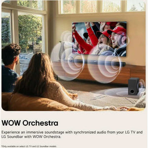 Couple sitting on beige couch watching sports on wall-mounted TV with LG soundbar below, surrounded by illustrated sound wave circles demonstrating WOW Orchestra immersive audio technology in bright living room with large windows overlooking garden