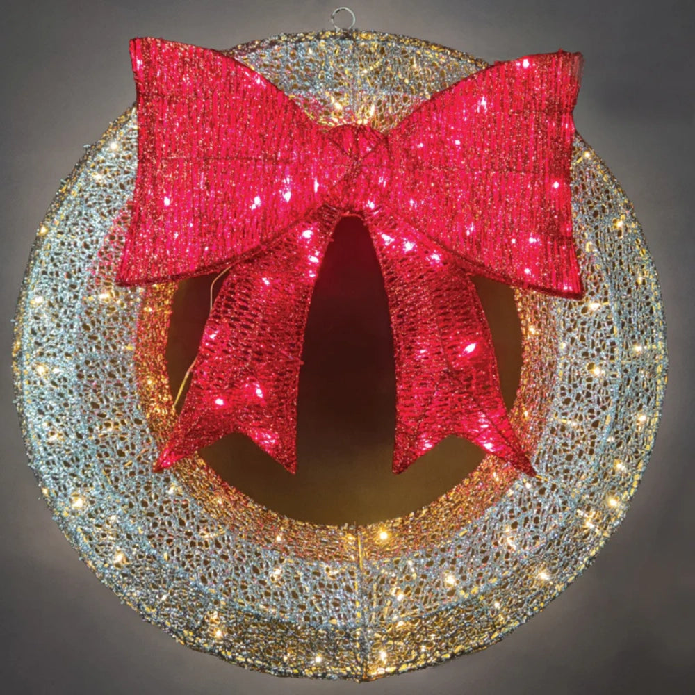 WGP Metal Wire Gold Wreath with Red Bow and 200 LED Lights | CH1179