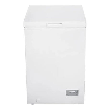 White Beko CF4098W chest freezer with 98 litre capacity, featuring a hinged top lid, digital temperature control panel on the front, and compact freestanding design