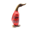 Wooden duck figurine with carved wooden head and neck, red painted body with Happy Birthday text, dark bead eye, and wooden base