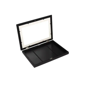 Black MDF display case with glass front and white interior mat, open to show three divided compartments for displaying artwork or collectibles