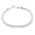 Silver tennis bracelet with round cubic zirconia stones in continuous setting, featuring a secure clasp closure on white background