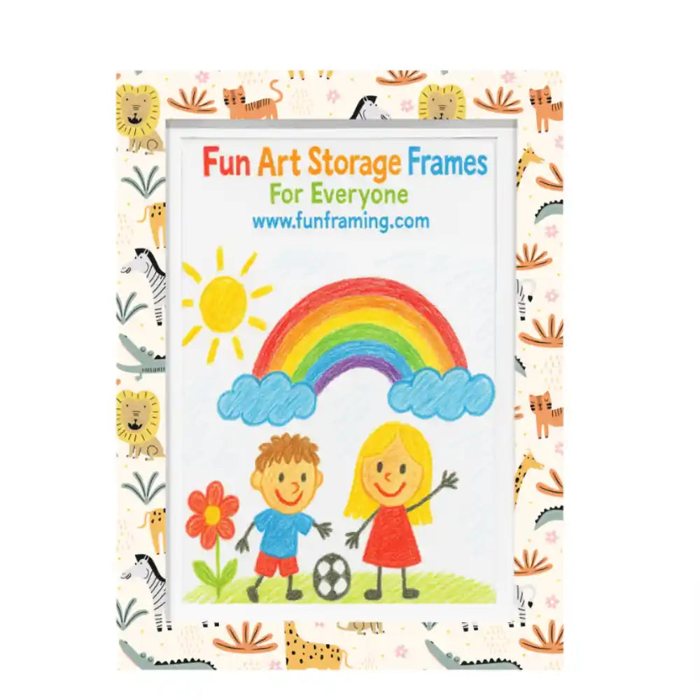 Lucky Ducks Kids Art Artwork Frame A4 featuring colorful children's drawing with rainbow, sun, clouds, two smiling children and flower, surrounded by playful animal border with lions, zebras, giraffes, tigers and crocodiles on cream background, white MDF frame with website www.funframing.com