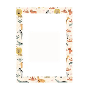Decorative A4 frame with cream background featuring a repeating safari animal border pattern including lions, zebras, giraffes, crocodiles and cats in warm earth tones of yellow, orange, rust and green with small pink flowers, wooden MDF construction with white central space for artwork