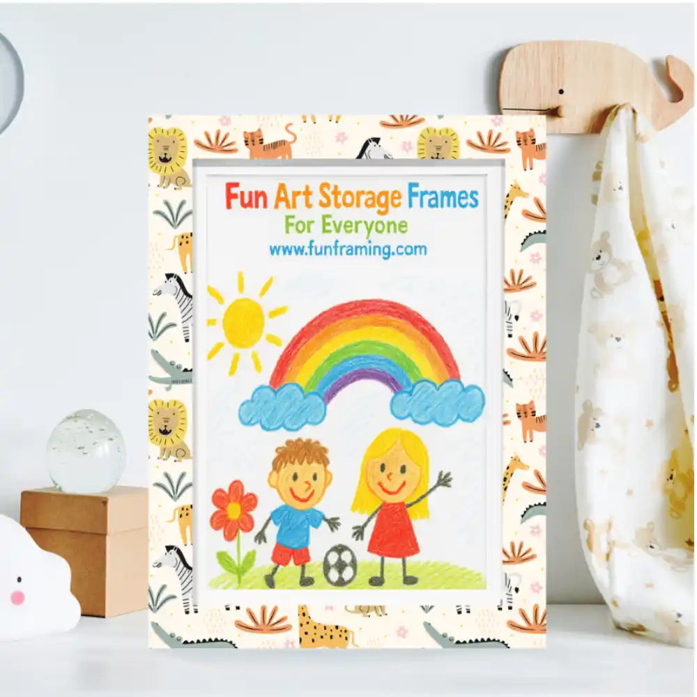 Colorful children's art frame displaying rainbow and smiling figures artwork, featuring animal-patterned borders with lions zebras and giraffes, wooden elephant decoration on top, displayed against white background with decorative accessories