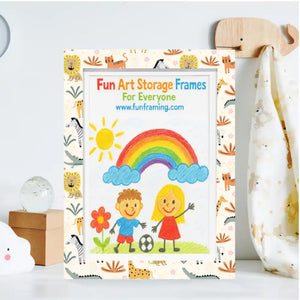 Colorful children's art frame displaying rainbow and smiling figures artwork, featuring animal-patterned borders with lions zebras and giraffes, wooden elephant decoration on top, displayed against white background with decorative accessories