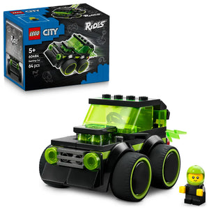 LEGO City Rides Gaming Car 60484 set showing lime green and black racing vehicle with large wheels alongside product box and minifigure driver