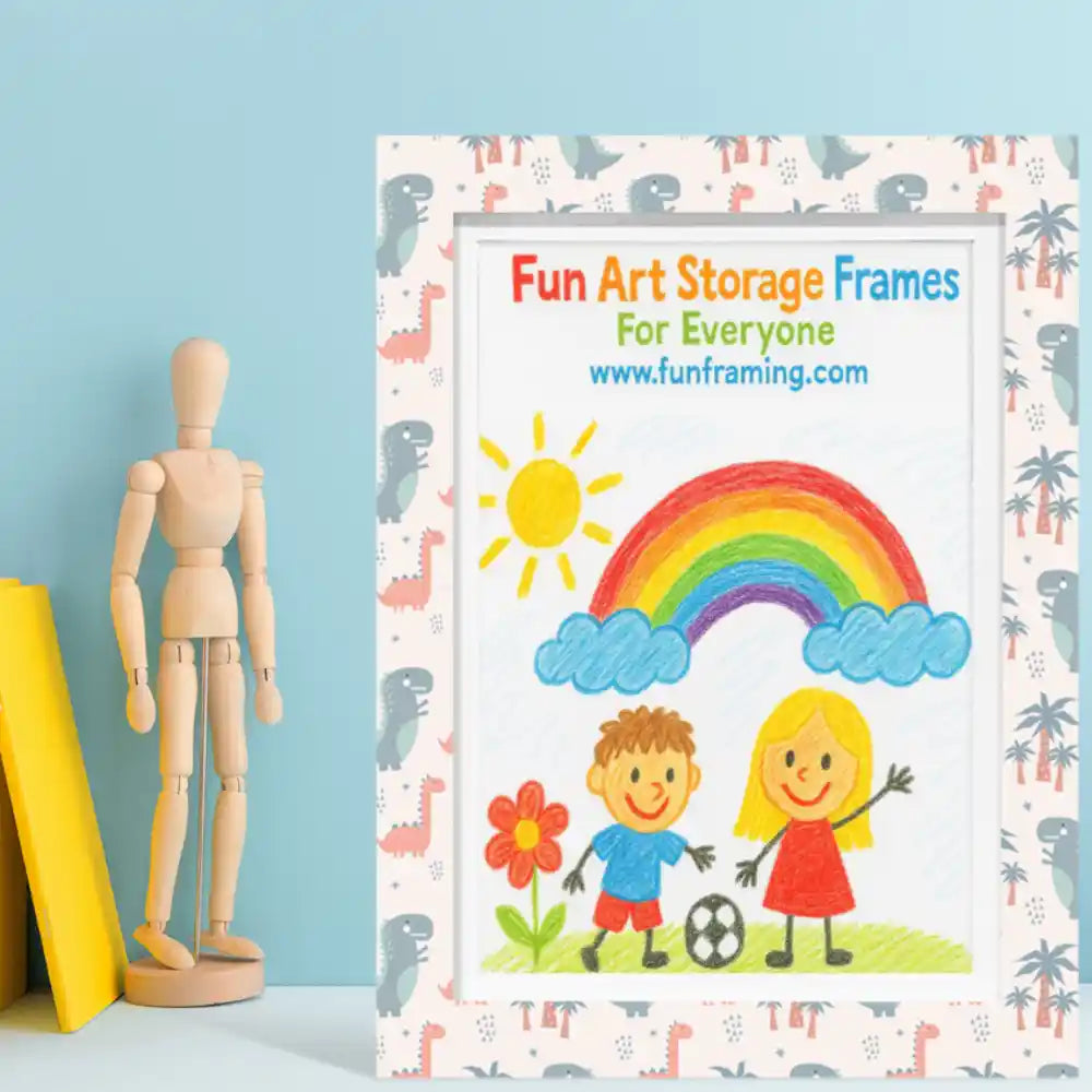 A4 art storage frame with colorful children's artwork featuring a rainbow, sun, clouds, and two smiling children, displayed next to a wooden articulated mannequin and yellow pencil against a light blue background, with dinosaur-patterned border on white MDF frame