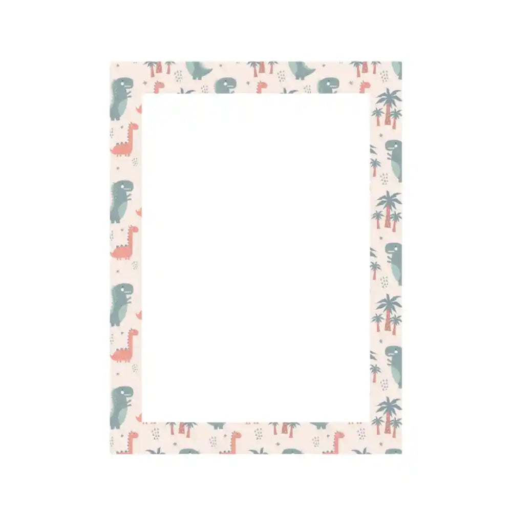 A4 dinosaur art frame with cream background featuring teal and coral dinosaurs, palm trees and decorative dots in a repeating pattern border, made from MDF material
