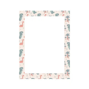 A4 dinosaur art frame with cream background featuring teal and coral dinosaurs, palm trees and decorative dots in a repeating pattern border, made from MDF material