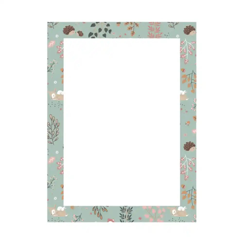 A4 MDF art frame with sage green border featuring autumn-themed illustrations including pinecones, dried flowers, small white ducks, leaves and botanical elements in pink, orange and brown tones, white mat opening with corner mounting holes