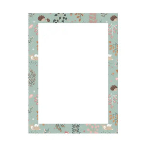 A4 MDF art frame with sage green border featuring autumn-themed illustrations including pinecones, dried flowers, small white ducks, leaves and botanical elements in pink, orange and brown tones, white mat opening with corner mounting holes