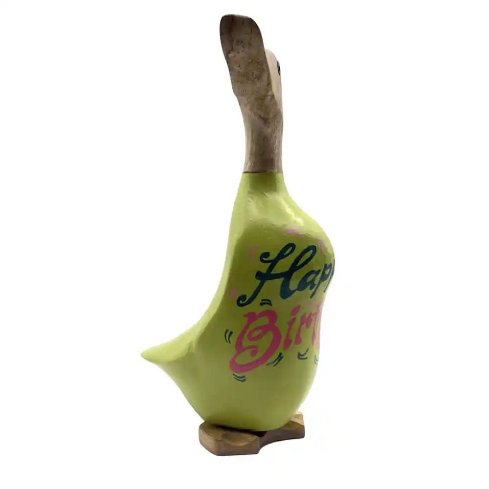 Lime green decorative duck figurine with wooden neck and base featuring Happy Birthday text in blue and pink lettering