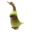 Lime green wooden decorative duck figurine with natural wood neck and head, featuring hand-painted Happy Birthday text in navy and pink with swirl designs, standing on a wooden base