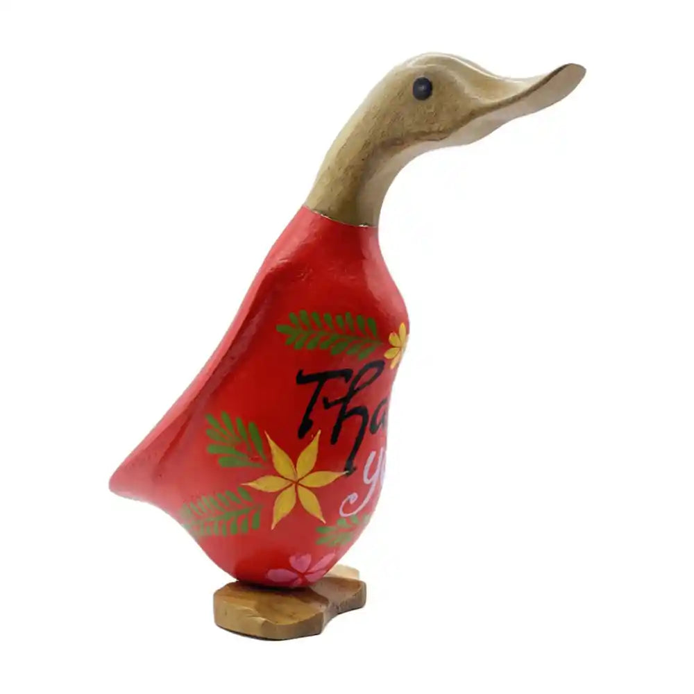 Wooden decorative duck figurine with red painted body featuring green leaf and yellow flower designs, natural wood carved head and neck, dark bead eye, and wooden base, Irish craft style thank you gift