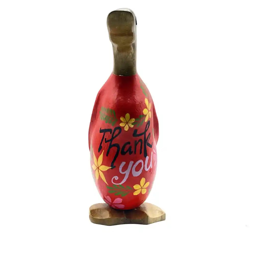 Red decorative champagne bottle with wooden base featuring Thank You text and colorful floral design in yellow pink and green