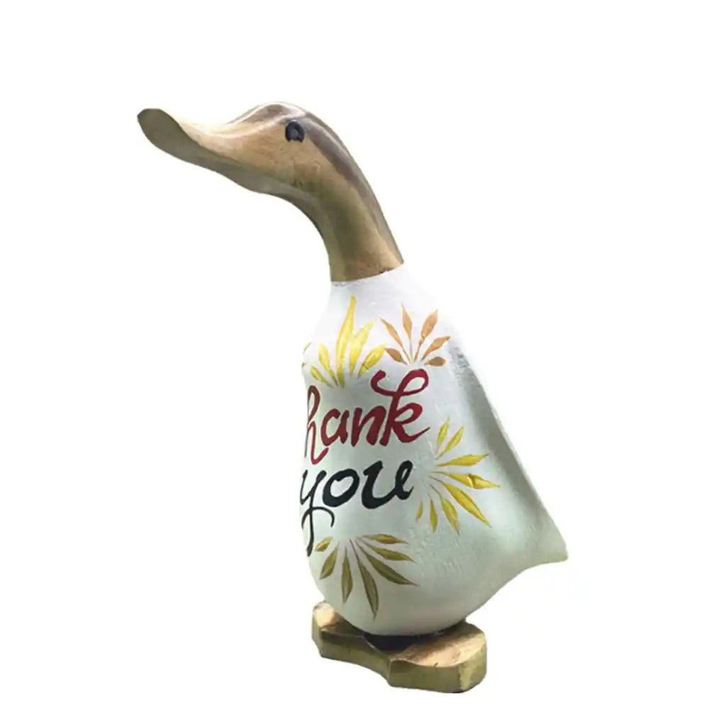 Wooden decorative duck figurine with natural wood head and base, white body featuring hand-painted Thank You text in red and black with yellow and orange radiating sunburst designs, standing upright on wooden feet