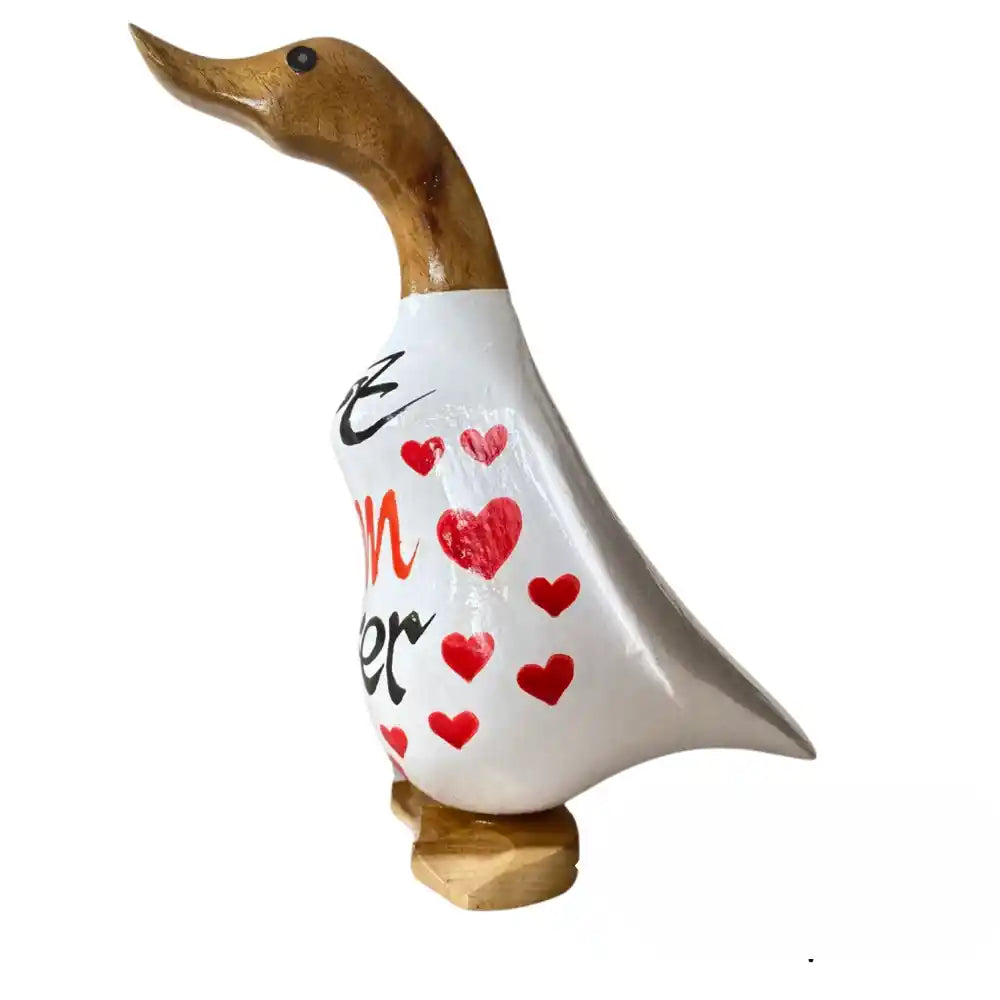 Wooden decorative duck figurine with natural wood head and neck, white ceramic body decorated with red hearts and "Best Mom Ever" text, standing on wooden base