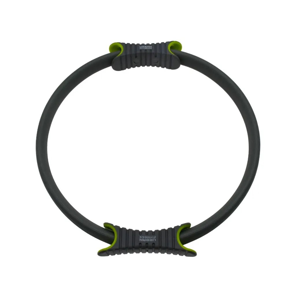 Urban Fitness 14 inch black pilates ring with lime green handles and grip pads, featuring dual reinforced connection points