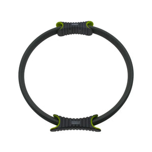 Urban Fitness 14 inch black pilates ring with lime green handles and grip pads, featuring dual reinforced connection points