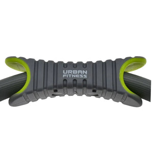 Urban Fitness 14 inch pilates ring with gray textured body and neon yellow handles on black grip straps, front view against white background