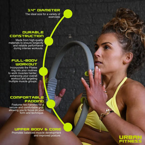 Woman in yellow sports top demonstrating Urban Fitness 14 inch Pilates ring with neon yellow and grey dual handles, showing product features including durable construction, comfortable padding, and full-body workout benefits for Pilates and fitness training