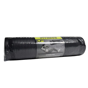 Rolled black 10mm NBR foam fitness mat in plastic packaging with yellow and grey product label showing exercise demonstration and fitness mat text