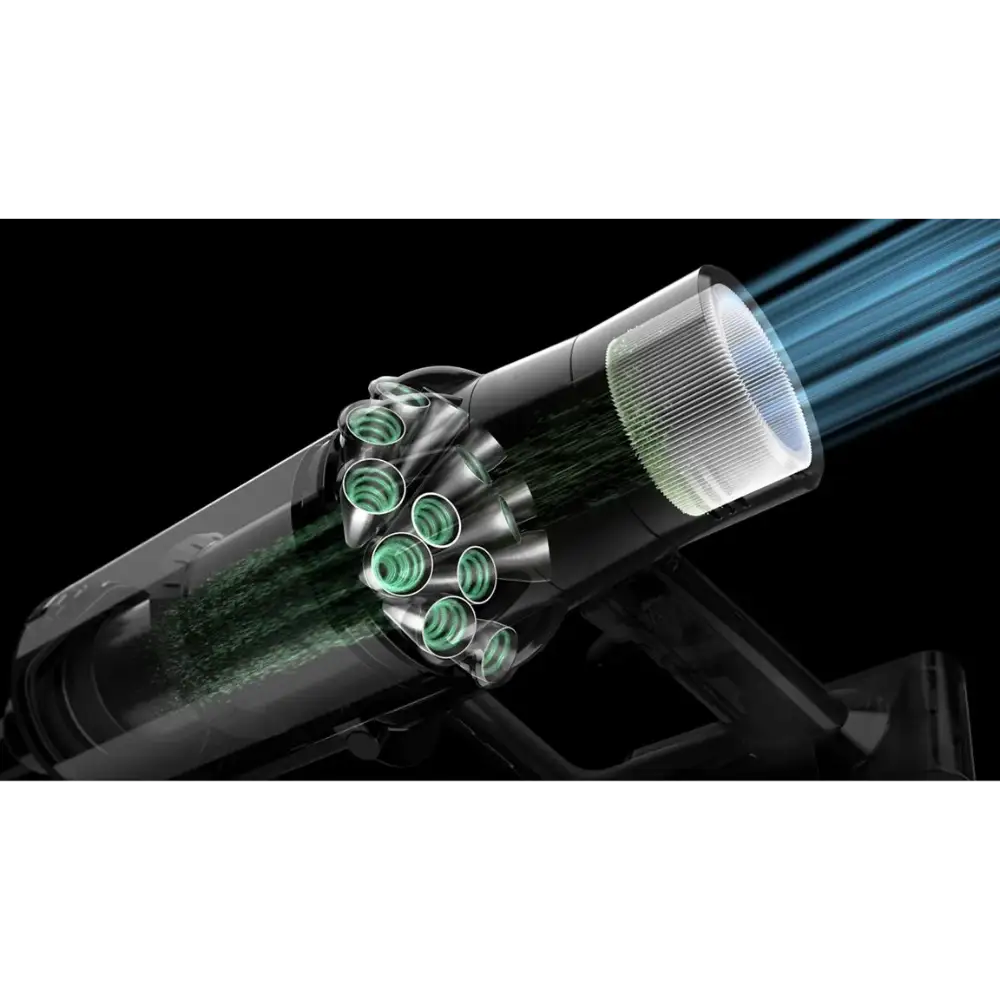 Dyson Cyclone V10 Submarine cordless stick vacuum cleaner showing cross-section of cyclone motor with green filter elements and white collection chamber against black background