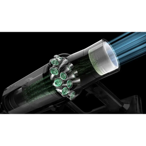 Dyson Cyclone V10 Submarine cordless stick vacuum cleaner showing cross-section of cyclone motor with green filter elements and white collection chamber against black background