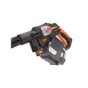 Worx 20V HydroShot cordless pressure washer with black and orange design, featuring a spray nozzle, trigger handle, and integrated 4.0Ah battery pack shown against white background
