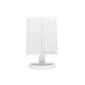 White LED touch dimmable cosmetic vanity mirror with dual folding panels and round base by The Beauty Specialists