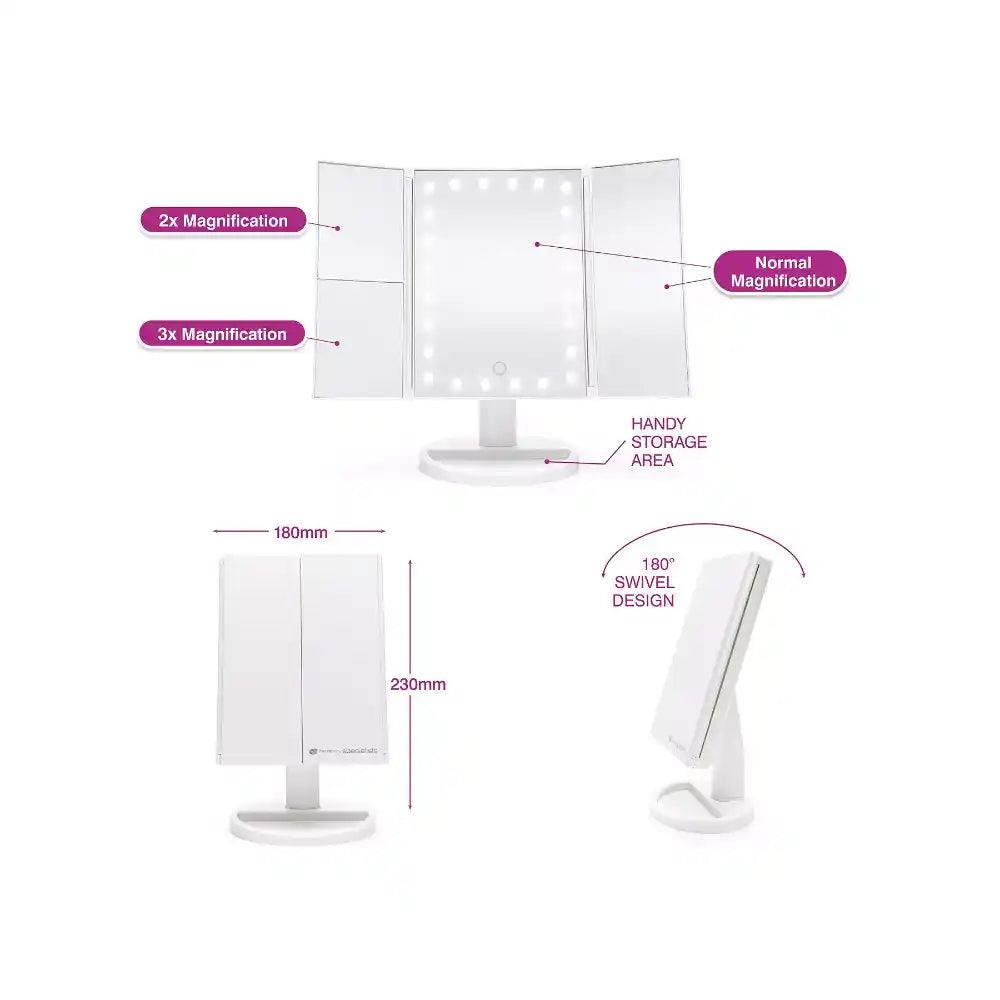 Rio 24 LED Touch Dimmable Cosmetic Vanity Folding Mirror in white with tri-fold design showing 2x and 3x magnification panels, normal magnification, 180mm width, 230mm height, handy storage area, 180-degree swivel design and LED lighting features
