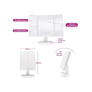 Rio 24 LED Touch Dimmable Cosmetic Vanity Folding Mirror in white with tri-fold design showing 2x and 3x magnification panels, normal magnification, 180mm width, 230mm height, handy storage area, 180-degree swivel design and LED lighting features