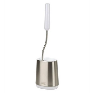 Joseph Joseph Flex Lite Steel Toilet Brush with stainless steel holder and white ceramic handle featuring curved metal brush stem