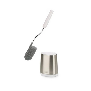 Joseph Joseph Flex Lite steel toilet brush with white handle and gray textured brush head alongside stainless steel holder with white base